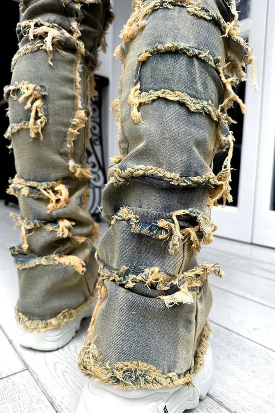 Fashion Stretch Patch Mens Jeans Patchwork Creative Tassels Decoration Straight Denim Trousers for Men Hip Hop Jean Pants