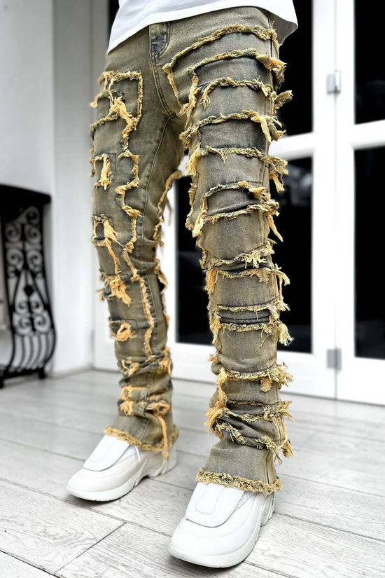 Fashion Stretch Patch Mens Jeans Patchwork Creative Tassels Decoration Straight Denim Trousers for Men Hip Hop Jean Pants
