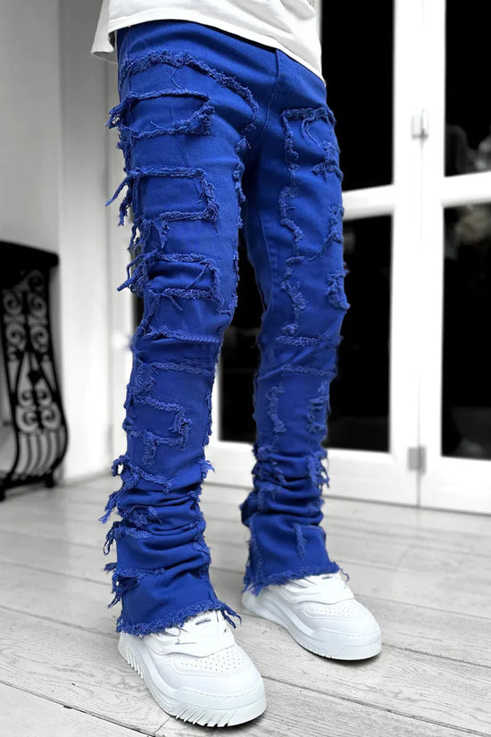 Fashion Stretch Patch Mens Jeans Patchwork Creative Tassels Decoration Straight Denim Trousers for Men Hip Hop Jean Pants