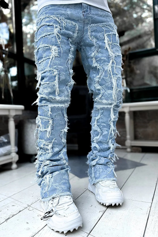 Fashion Stretch Patch Mens Jeans Patchwork Creative Tassels Decoration Straight Denim Trousers for Men Hip Hop Jean Pants
