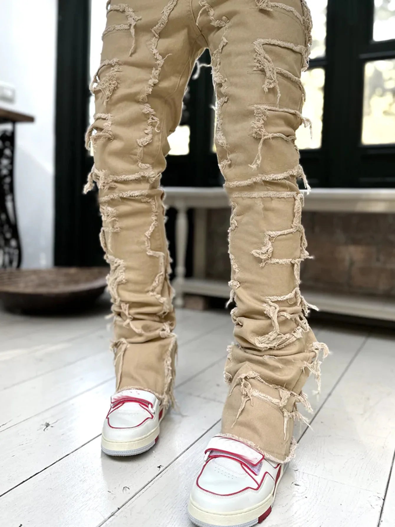 Fashion Stretch Patch Mens Jeans Patchwork Creative Tassels Decoration Straight Denim Trousers for Men Hip Hop Jean Pants
