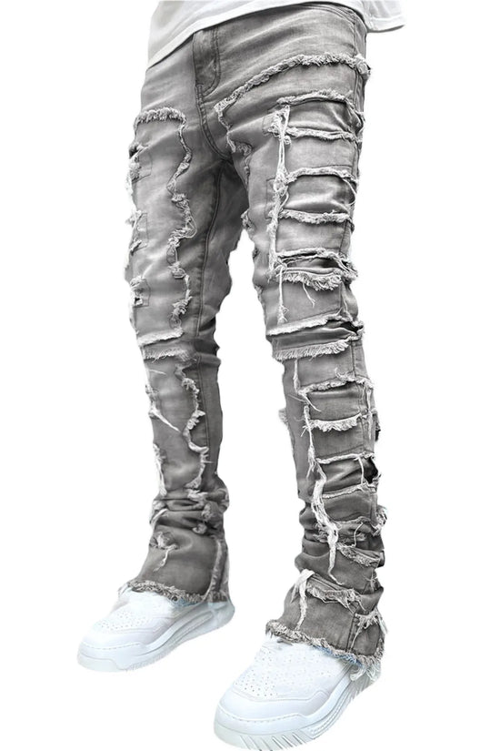 Fashion Stretch Patch Mens Jeans Patchwork Creative Tassels Decoration Straight Denim Trousers for Men Hip Hop Jean Pants
