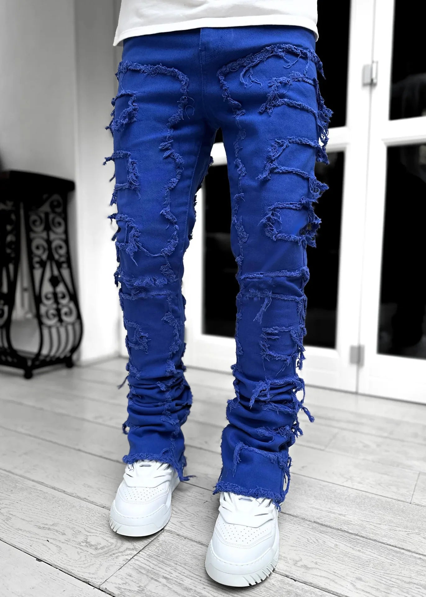 Fashion Stretch Patch Mens Jeans Patchwork Creative Tassels Decoration Straight Denim Trousers for Men Hip Hop Jean Pants