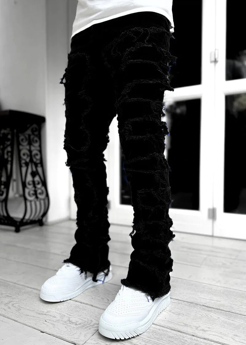 Fashion Stretch Patch Mens Jeans Patchwork Creative Tassels Decoration Straight Denim Trousers for Men Hip Hop Jean Pants