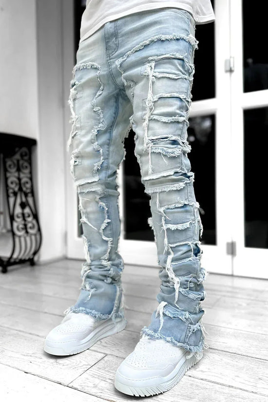 Fashion Stretch Patch Mens Jeans Patchwork Creative Tassels Decoration Straight Denim Trousers for Men Hip Hop Jean Pants