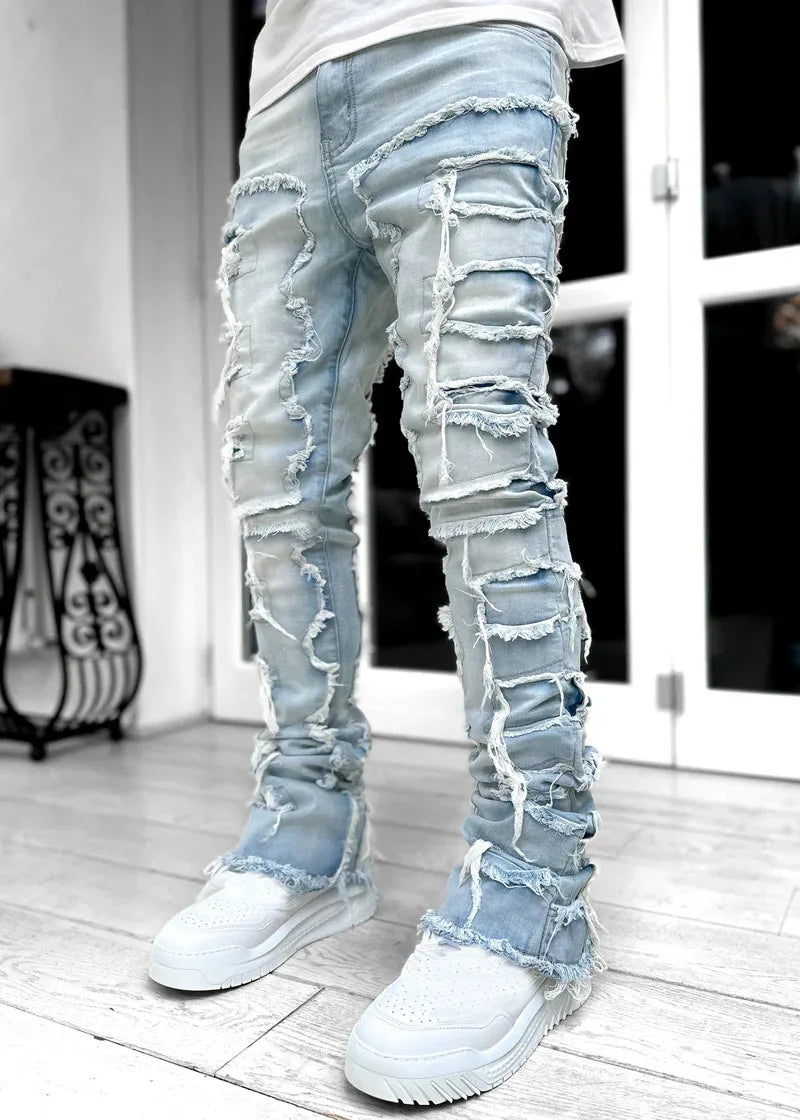 Fashion Stretch Patch Mens Jeans Patchwork Creative Tassels Decoration Straight Denim Trousers for Men Hip Hop Jean Pants