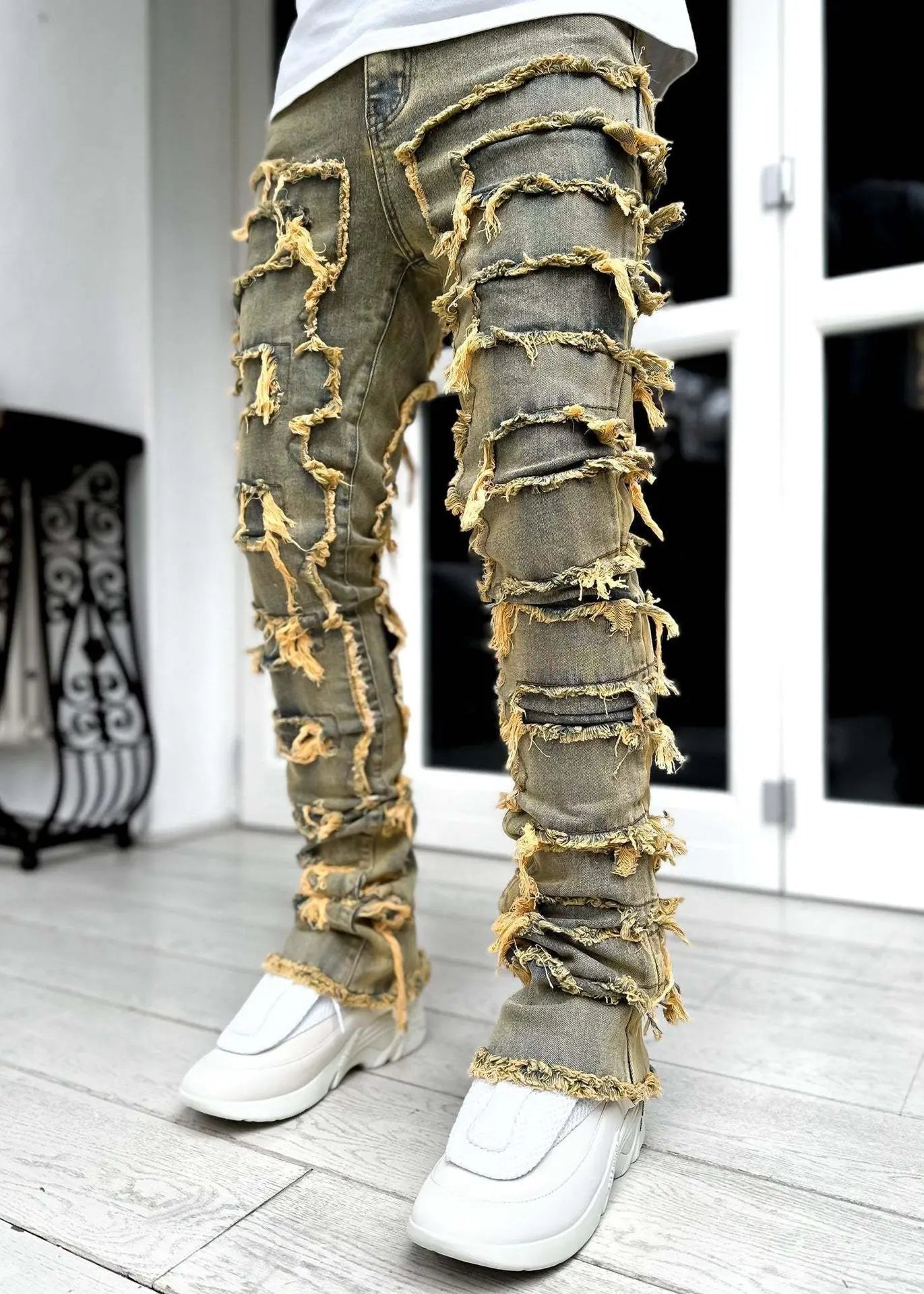 Fashion Stretch Patch Mens Jeans Patchwork Creative Tassels Decoration Straight Denim Trousers for Men Hip Hop Jean Pants