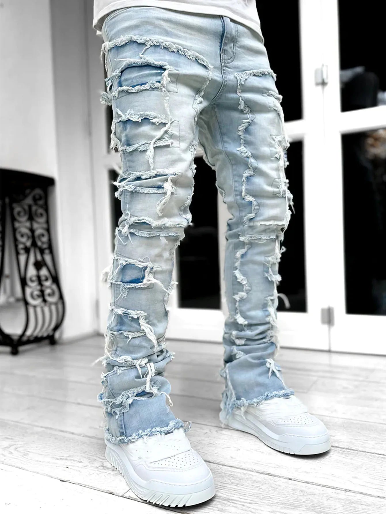 Fashion Stretch Patch Mens Jeans Patchwork Creative Tassels Decoration Straight Denim Trousers for Men Hip Hop Jean Pants