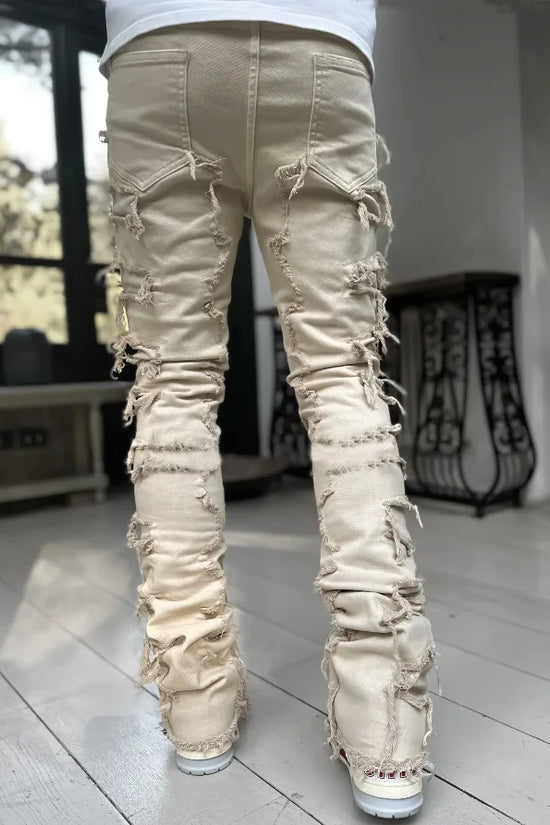 Fashion Stretch Patch Mens Jeans Patchwork Creative Tassels Decoration Straight Denim Trousers for Men Hip Hop Jean Pants