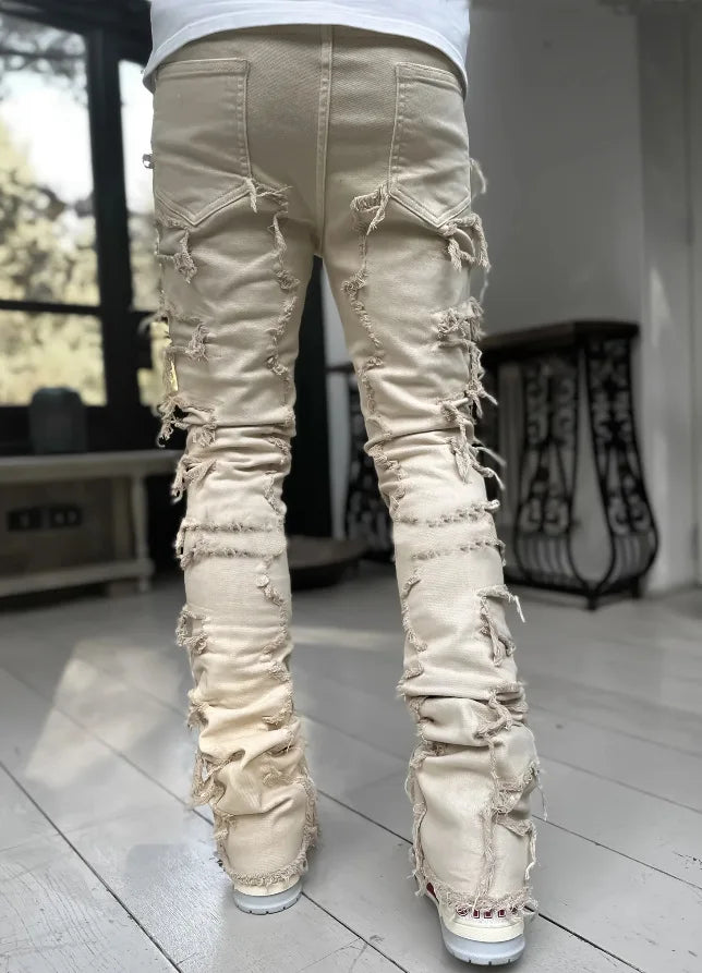 Fashion Stretch Patch Mens Jeans Patchwork Creative Tassels Decoration Straight Denim Trousers for Men Hip Hop Jean Pants