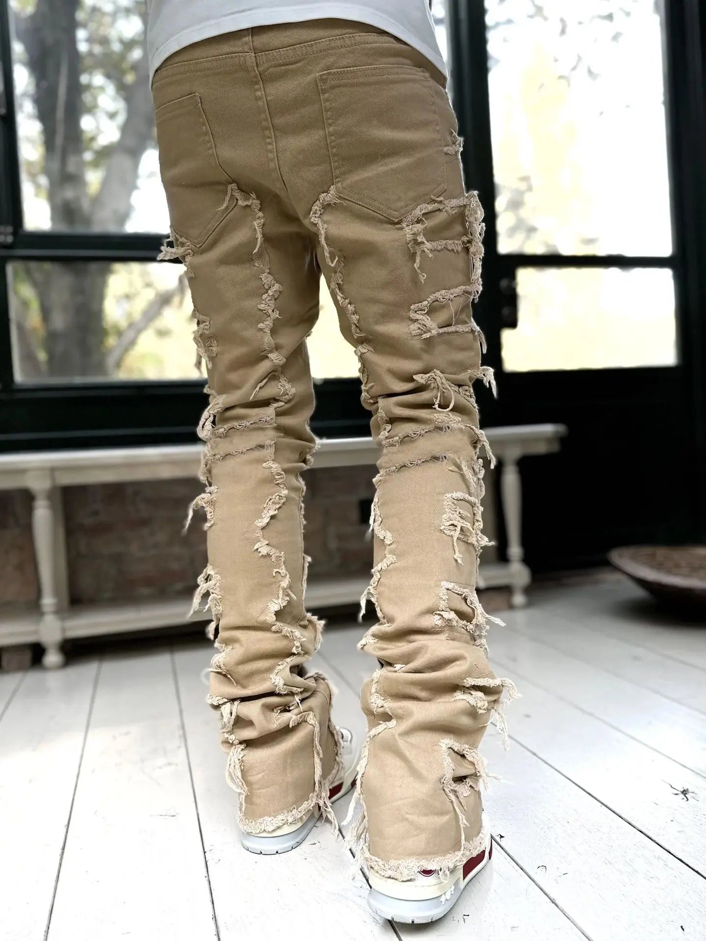 Fashion Stretch Patch Mens Jeans Patchwork Creative Tassels Decoration Straight Denim Trousers for Men Hip Hop Jean Pants