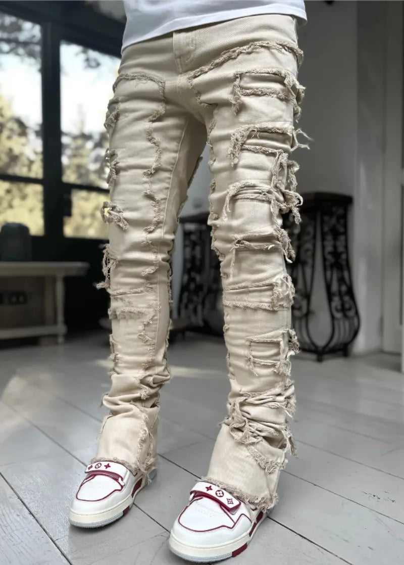 Fashion Stretch Patch Mens Jeans Patchwork Creative Tassels Decoration Straight Denim Trousers for Men Hip Hop Jean Pants