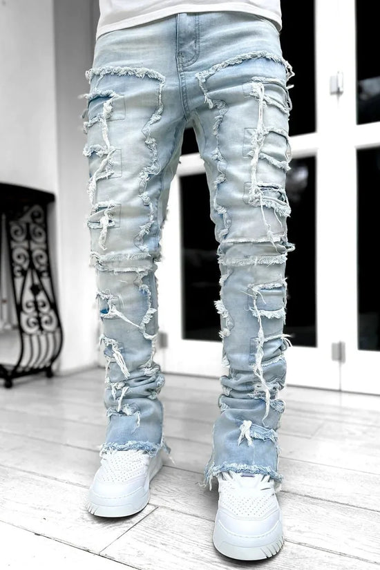 Fashion Stretch Patch Mens Jeans Patchwork Creative Tassels Decoration Straight Denim Trousers for Men Hip Hop Jean Pants
