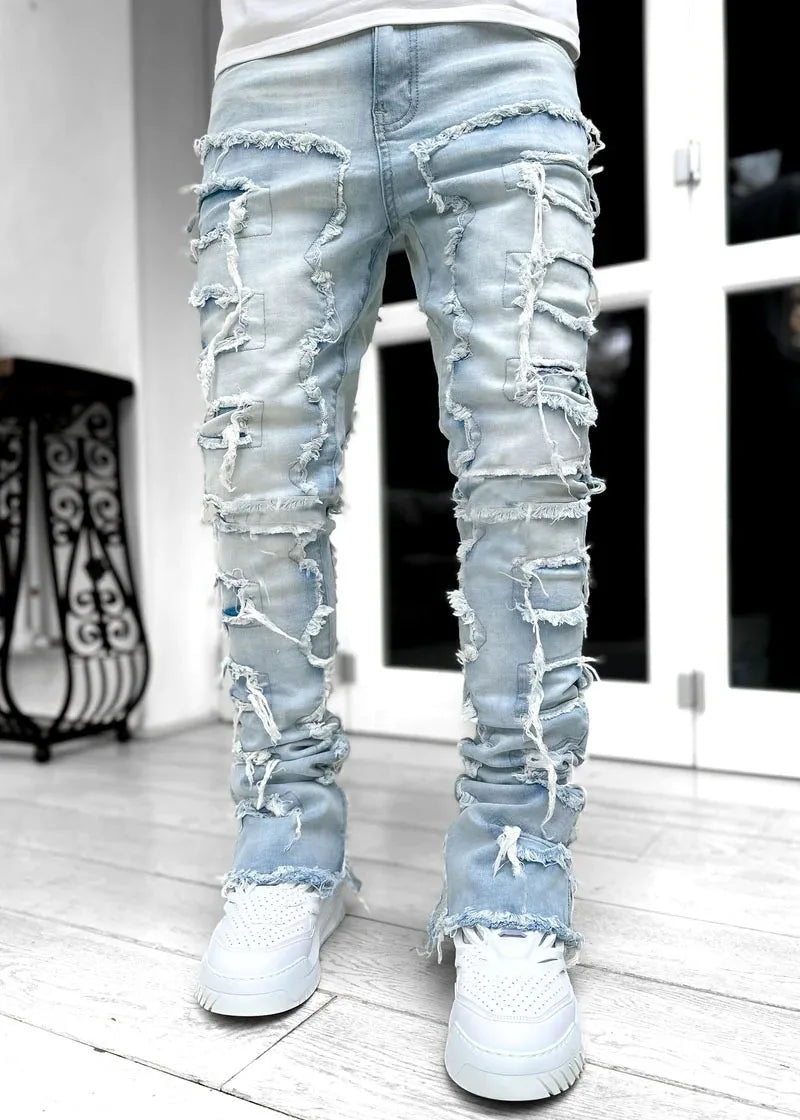 Fashion Stretch Patch Mens Jeans Patchwork Creative Tassels Decoration Straight Denim Trousers for Men Hip Hop Jean Pants