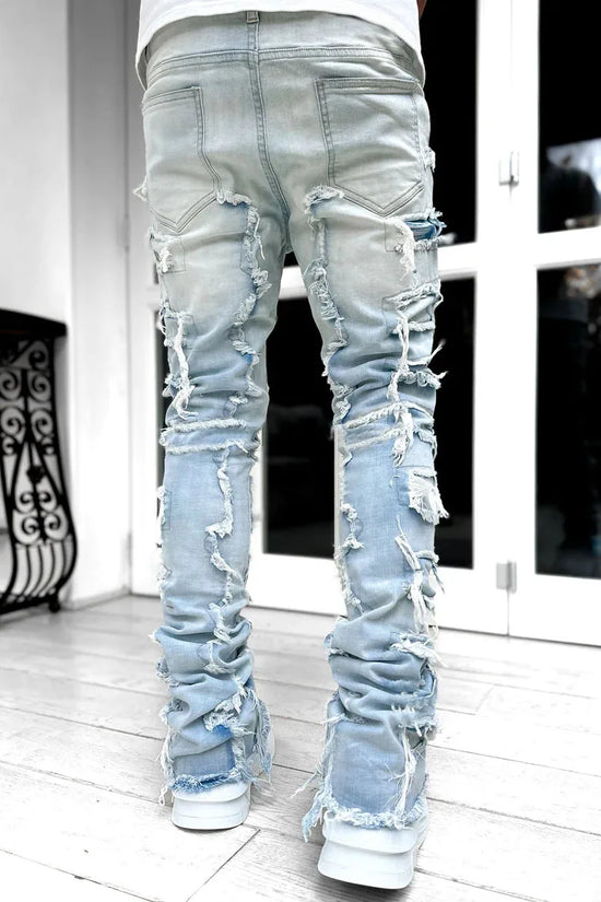 Fashion Stretch Patch Mens Jeans Patchwork Creative Tassels Decoration Straight Denim Trousers for Men Hip Hop Jean Pants