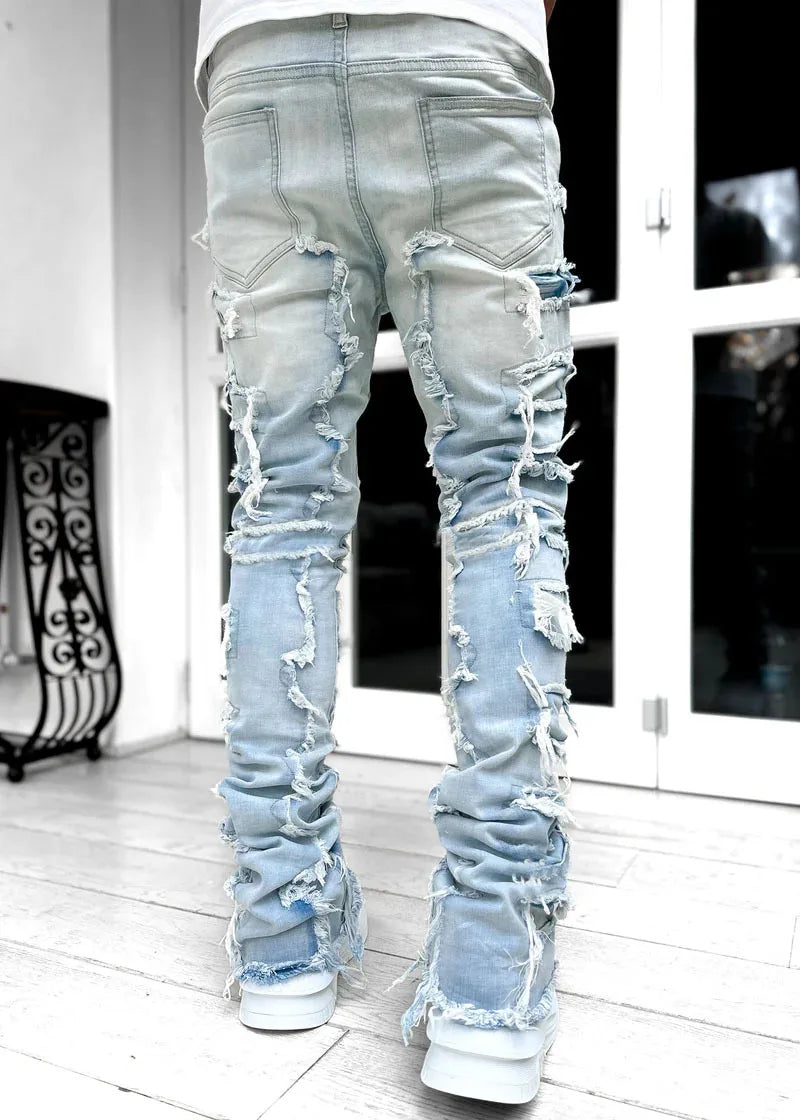 Fashion Stretch Patch Mens Jeans Patchwork Creative Tassels Decoration Straight Denim Trousers for Men Hip Hop Jean Pants