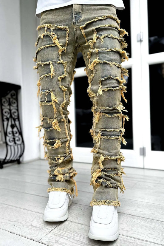 Fashion Stretch Patch Mens Jeans Patchwork Creative Tassels Decoration Straight Denim Trousers for Men Hip Hop Jean Pants