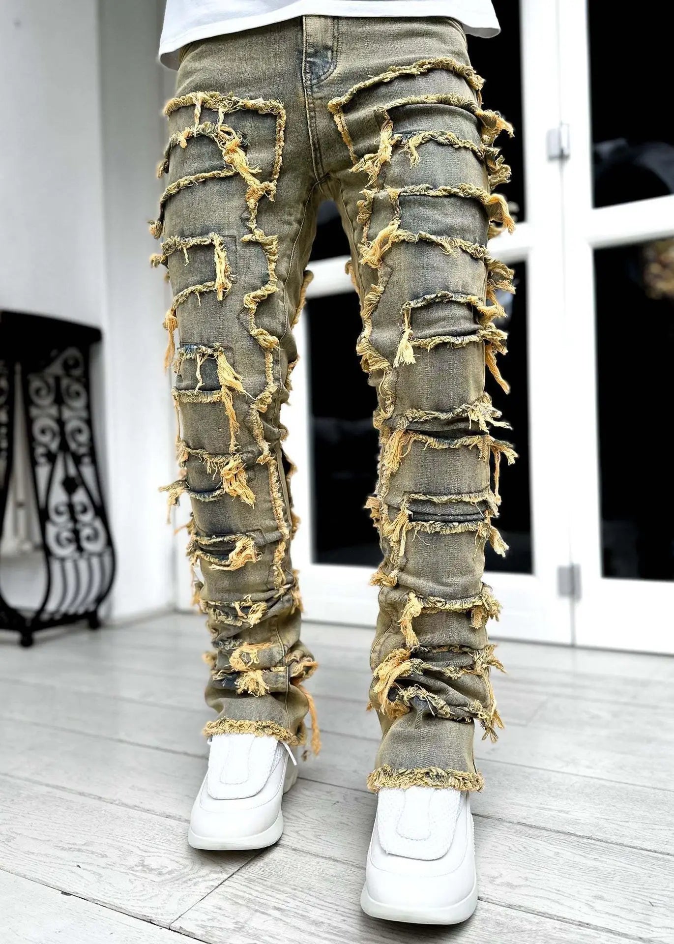Fashion Stretch Patch Mens Jeans Patchwork Creative Tassels Decoration Straight Denim Trousers for Men Hip Hop Jean Pants