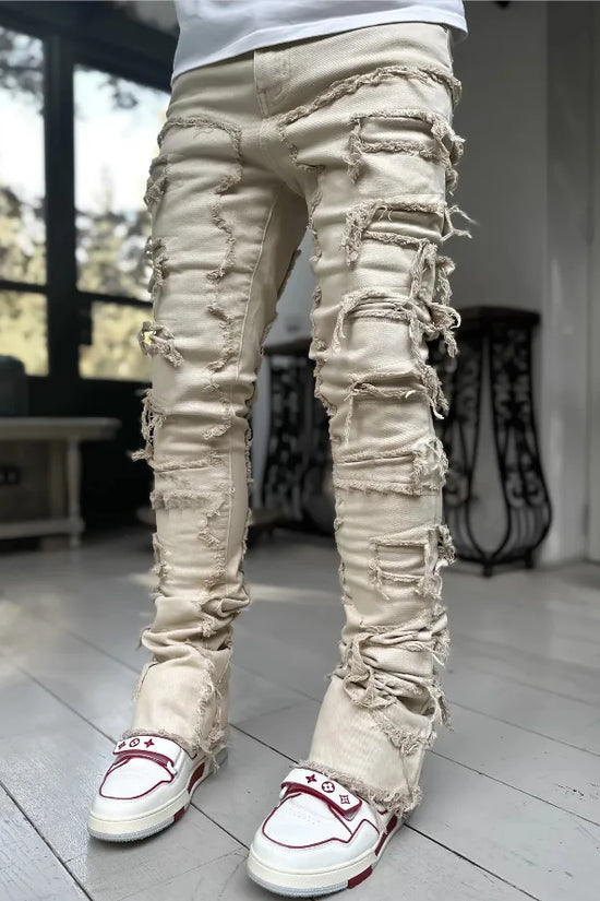 Fashion Stretch Patch Mens Jeans Patchwork Creative Tassels Decoration Straight Denim Trousers for Men Hip Hop Jean Pants