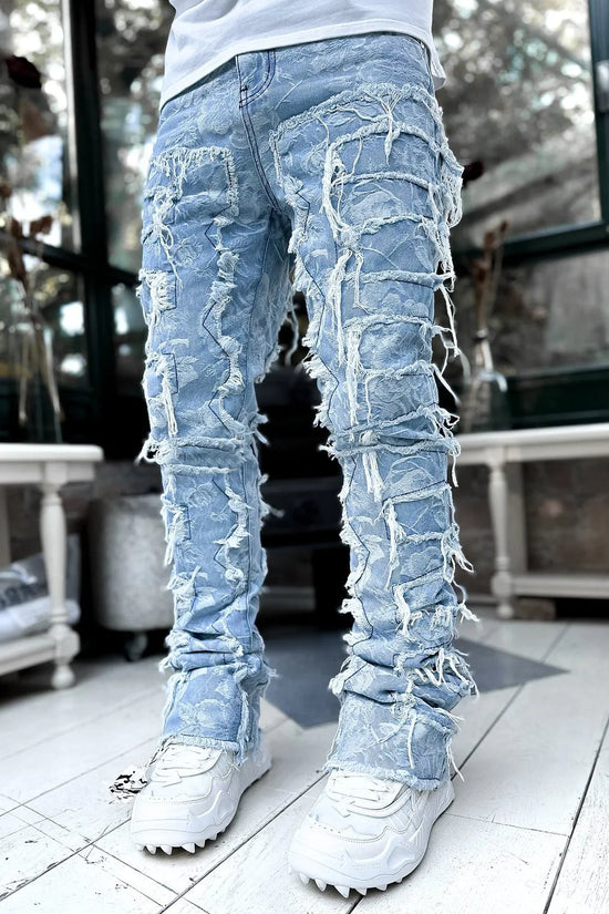Fashion Stretch Patch Mens Jeans Patchwork Creative Tassels Decoration Straight Denim Trousers for Men Hip Hop Jean Pants