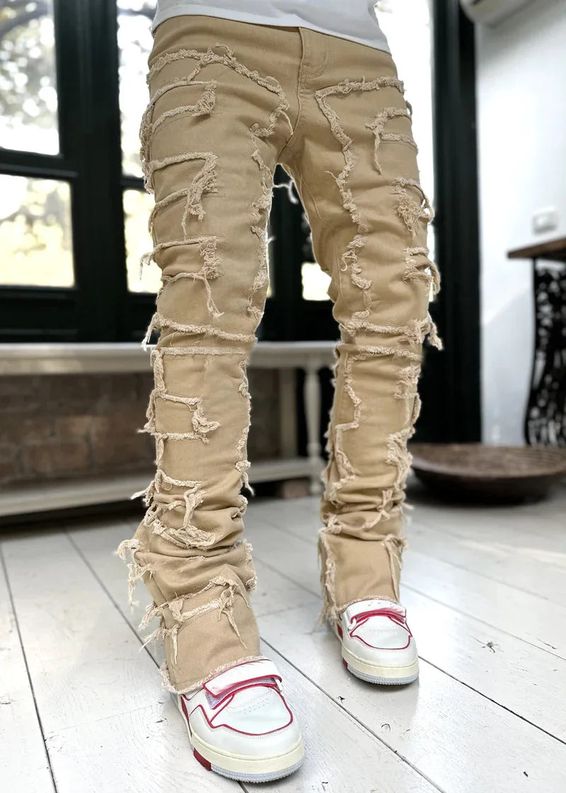 Fashion Stretch Patch Mens Jeans Patchwork Creative Tassels Decoration Straight Denim Trousers for Men Hip Hop Jean Pants