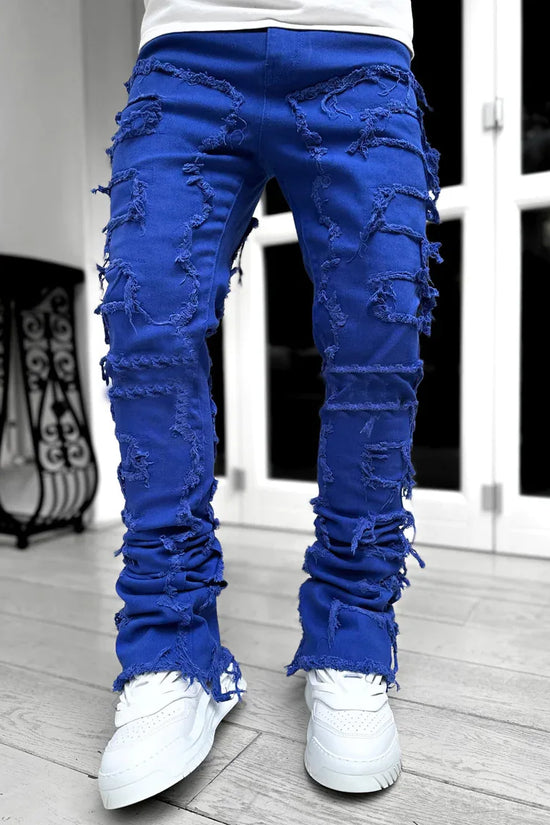 Fashion Stretch Patch Mens Jeans Patchwork Creative Tassels Decoration Straight Denim Trousers for Men Hip Hop Jean Pants
