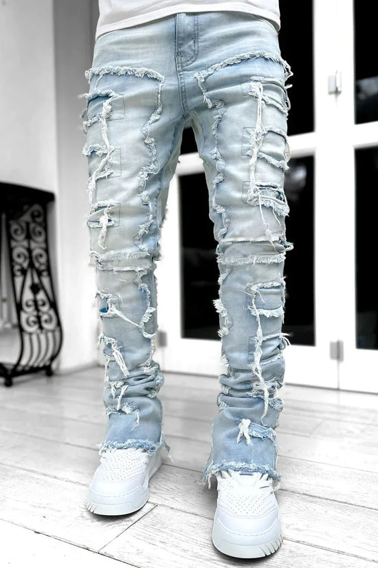Fashion Stretch Patch Mens Jeans Patchwork Creative Tassels Decoration Straight Denim Trousers for Men Hip Hop Jean Pants