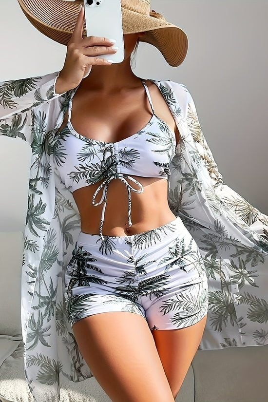Cross-border Foreign Trade Women's Swimsuit Sexy Three-piece Printed Bikini Green Leaf Swimsuit European And American Swimsuit Seaside Vacation