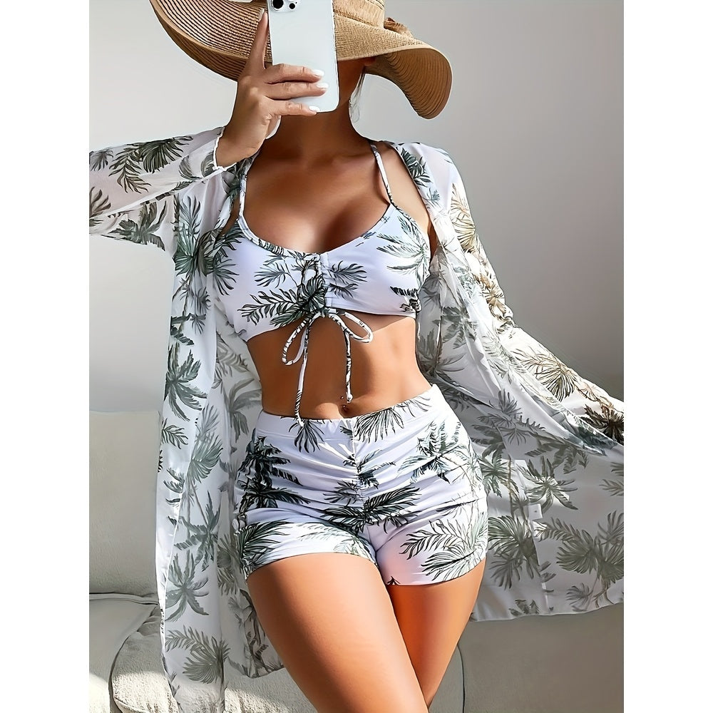 Cross-border Foreign Trade Women's Swimsuit Sexy Three-piece Printed Bikini Green Leaf Swimsuit European And American Swimsuit Seaside Vacation