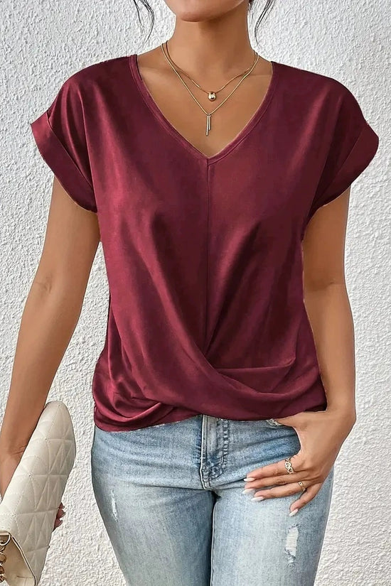 Fashion V-neck Short-sleeve T-shirt Summer Casual Irregular Knot Top For Women Clothing