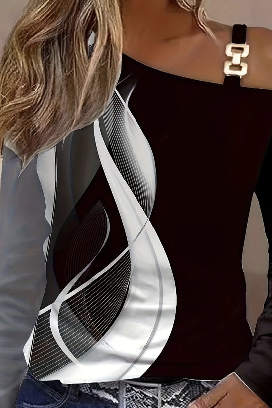 Women's Asymmetrical Design Metal Buckle Shoulder Abstract Print Long Sleeved Autumn And Winter T-shirt