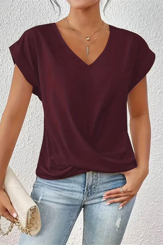 Fashion V-neck Short-sleeve T-shirt Summer Casual Irregular Knot Top For Women Clothing
