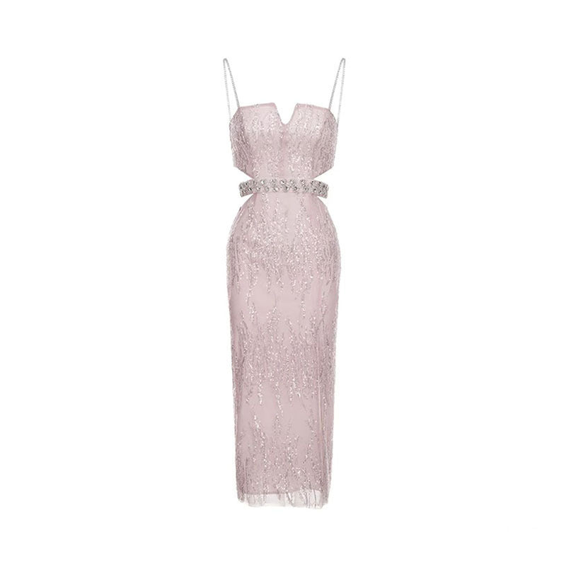 Hollow Jeweled Camisole Gown Socialite Advanced Embellished Sequin Bead Dress For Women