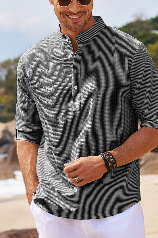 Men's Casual Shirt  Long Sleeve Stand Collar Solid Color Shirt Mens Clothing