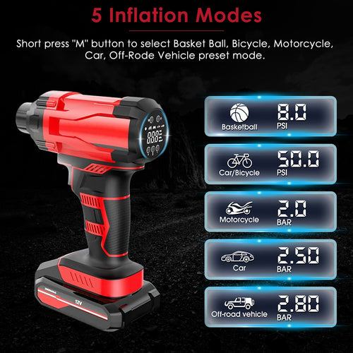 1Pc 150PSI Cordless Car Tire Inflator Rechargeable  2V Portable Electric Air Compressor With LED Light For Car Bike Motorcycle Ball