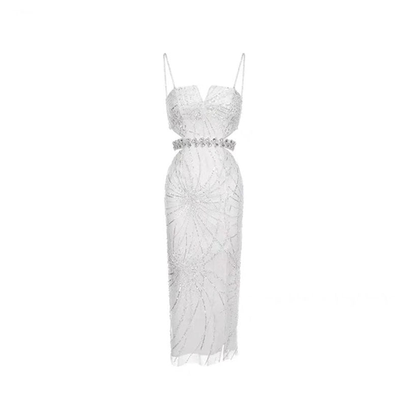 Hollow Jeweled Camisole Gown Socialite Advanced Embellished Sequin Bead Dress For Women