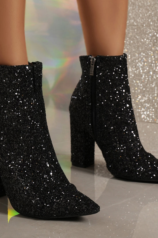 Autumn And Winter Plus Size Pointed Toe Sequin Chunky Heel Women's Boots