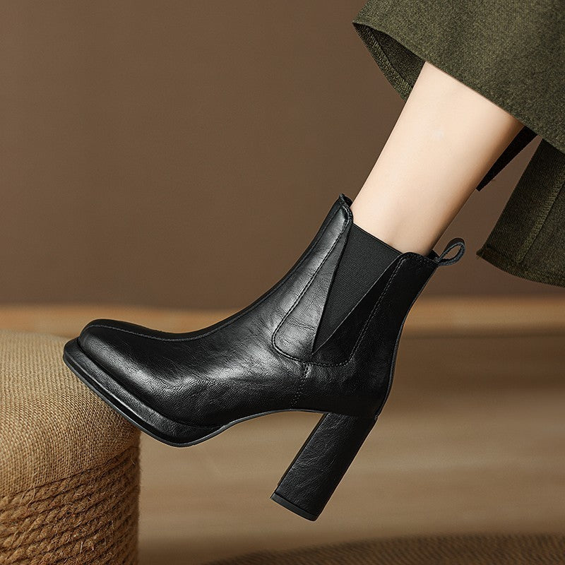 Square Toe Short Tube Waterproof Platform Thick Heel High Heel Boots