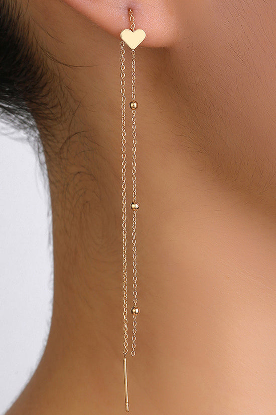 Gold Bronze Heart Long Tassel Drop Earrings
