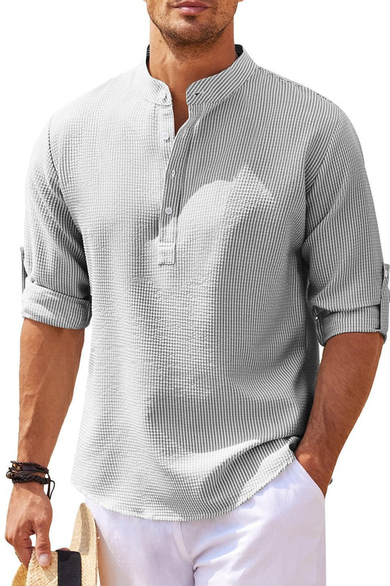 Men's Casual Shirt  Long Sleeve Stand Collar Solid Color Shirt Mens Clothing