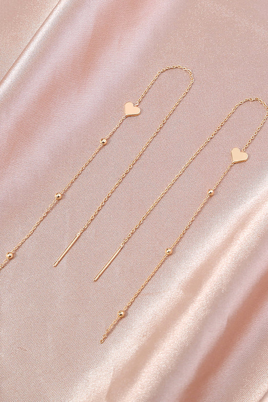 Gold Bronze Heart Long Tassel Drop Earrings
