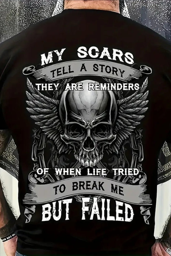 Men's'MY SCARS TELL A STORY' Print Short Sleeve Crew Neck T-shirt, Casual Comfy Tee As Gift