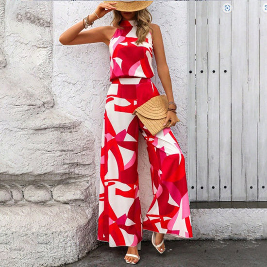 Women's Summer 2 Piece Outfits Floral Print Halter Neck Sleeveless Top Wide Leg Pants Set Jumpsuits